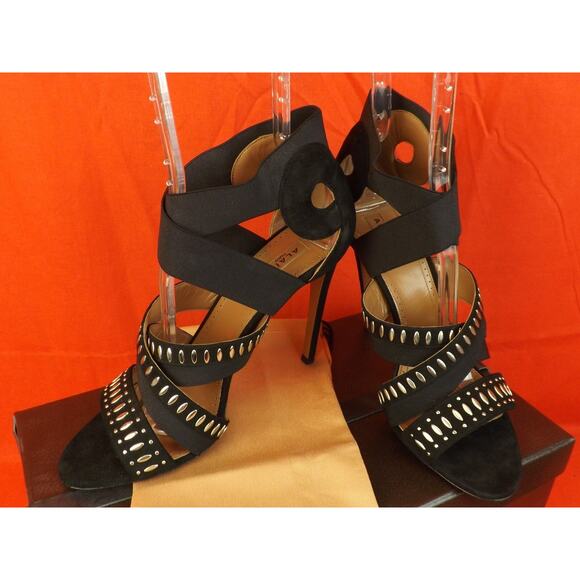 NIB ALAIA BLACK SUEDE ELASTIC CRISSCROSS SILVER STUDS SANDALS PUMPS 40.5 $1340